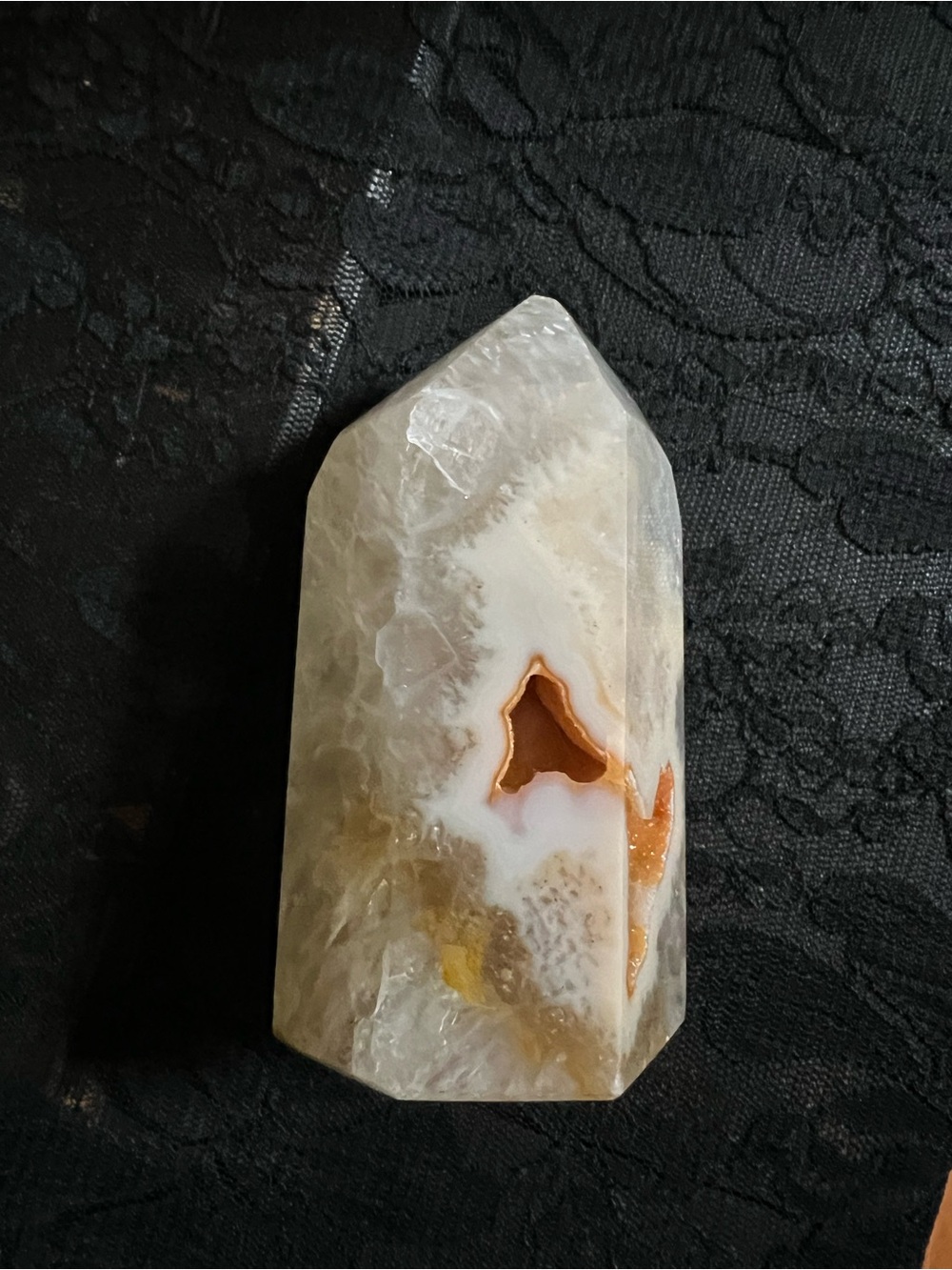 Polished Agate tower with Amber druzy cave - Picture 3 of 7